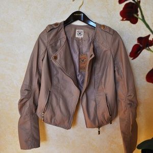 NWT Tan Brown Vintage Leather Moto Biker Jacket
